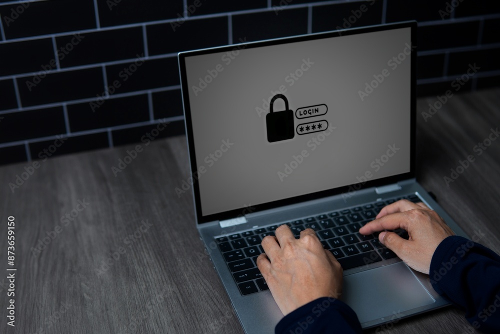 Wall mural a close-up image of a person's hands typing on a laptop keyboard with a lock symbol on the screen. c