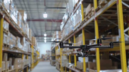 Naklejka premium A drone capturing aerial footage of a large warehouse facility, showcasing the scale and organization of the inventory