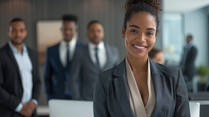 Professional businesswoman working with her team in a beautifully appointed office, emphasizing business collaboration.