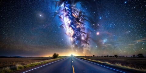 Road leading towards the Milky Way galaxy in the night sky, Galaxy, Stars, Space, Astronomy, Milky Way, Cosmic, Universe