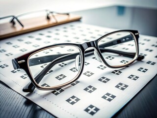 A pair of vision correction glasses rests on a vision test table, surrounded by eye charts and optical tools, with ample space for text or graphics overlay.