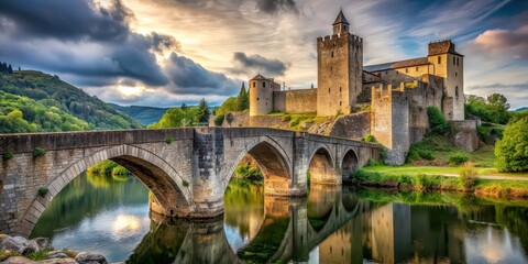 Fototapeta premium Medieval castle overlooking a stone bridge , medieval, castle, bridge, architecture, medieval times, historic, fortified