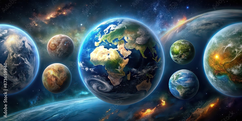 Wall mural Planet with diverse landscapes, oceans, and atmosphere, Earth, environment, nature, globe, planet, continents