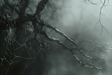 Detailed spiderweb entwined in bare branches against a foggy, dark forest backdrop