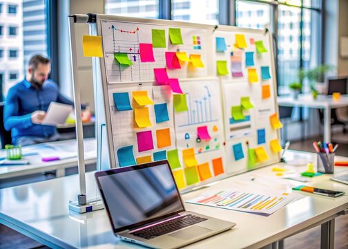 A blurred whiteboard with colorful sticky notes, charts, and graphs showcasing a product roadmap, surrounded by laptops, tablets, and scattered papers.