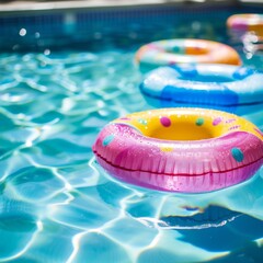 Summer beach pool villa resort healthy living, proper exercise concept: summer vacation background with colorful swimming rings floating on luxury swimming pool and copy space, sport, fitness, healthy