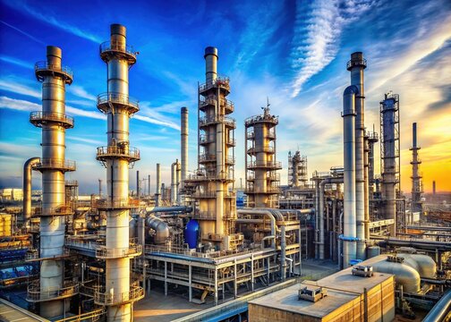Massive oil refinery complex with towering columns, distillation towers, and sprawling networks of pipes, conveyors, and storage tanks under a bright blue sky.