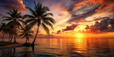 Obraz premium Beautiful rendering of sunset over ocean with palm trees, dark cloudy sky, and orange sun setting , sunset