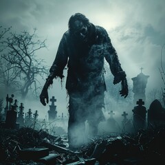 Undead Horror: Creepy Zombie in Tattered Clothes Walking in Graveyard at Night on White Background with Copy Space