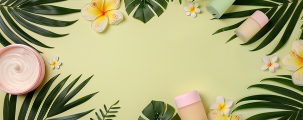Organic skincare products on a vibrant background with exotic flowers, promoting eco-friendly beauty, copy space