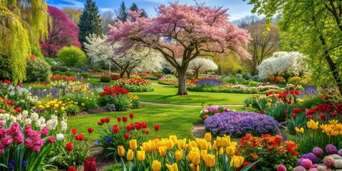 Obraz premium Lush spring garden with a variety of colorful flowers and flowering trees, spring, garden, colorful, flowers, flowering, trees