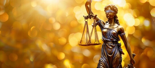 Bronze statue of Themis, Goddess or Lady of Justice holding Law Scales. Lady justice statue holding scales with golden background sky