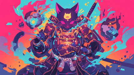 Cute cat wearing Japanese samurai armor