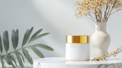 Elegant white cosmetic jar with gold lid on marble table, surrounded by greenery and dry flowers in vase, minimalist design.