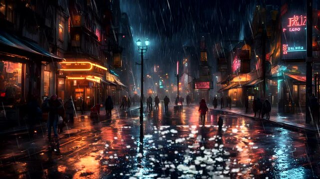 Animation A beautiful scene It rained softly in a European city on a summer night, flickering lights and water droplets dancing in the streets  Seamless looping 4k time-lapse animation video backgroun