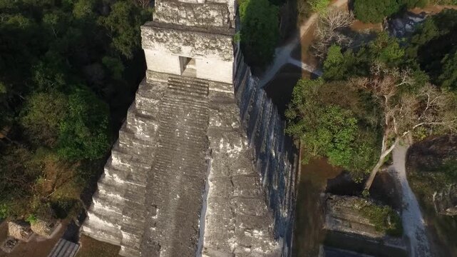 Drone footage of the Gran Jaguar Temple in Tikal National Park in Peten, Guatemala