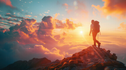 Obraz premium A solitary hiker stands atop a mountain peak, basking in the breathtaking sunrise and reflecting on the journey.