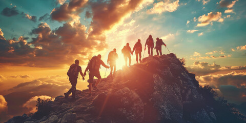Fototapeta premium A group of hikers climbs a mountain at sunrise, showcasing teamwork, adventure, and the beauty of nature.