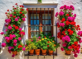 Vibrant flowers bloom on a rustic window sill against a pristine white wall in Carmona, Andalusia, Spain, exuding warmth and serenity amidst ancient architecture.