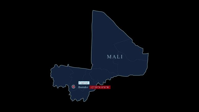Mali blue map with Bamako capital city and geographic coordinates on black background. Motion graphic Vfx