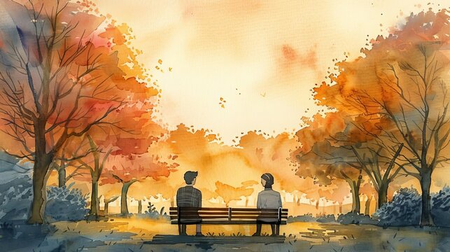 A couples first date at a cozy park, golden hour lighting, serene and hopeful, watercolor