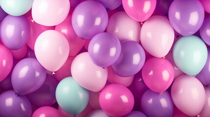 Close-up of vibrant colorful balloons in shades of pink, purple, and blue, creating a festive and cheerful party atmosphere.