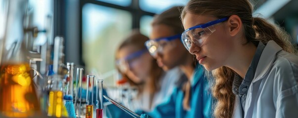Focused young scientists wearing safety goggles conducting experiments in a bright modern laboratory with various lab equipment.