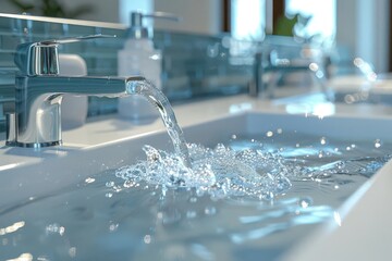 A modern bathroom sink with water flowing from a tap. Clean and fresh ambiance with tiled backsplash. High-quality stock photo.