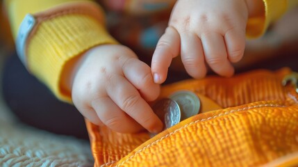 Babys hand reaching for a coin purse, focus on tiny fingers, soft background