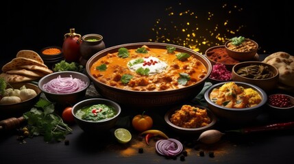 Holi festival indian assorted lunch food spread with chicken, paneer butter masala, naan, jeera rice, black chana fry, jalebi, fujiyama, thandai, and farsan, celebrating happy holy concept with vibran