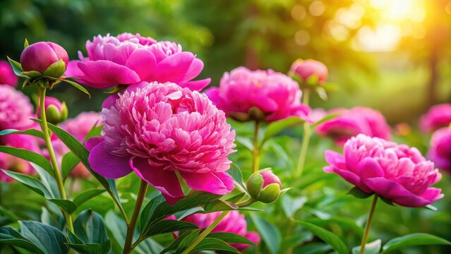 Vibrant pink peony blooms of Herbaceous peony Cytherea in a sunny garden, pink, peony, herbaceous, Cytherea, sunny, garden, vibrant