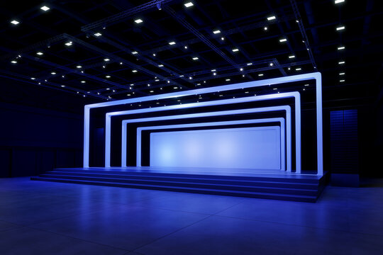Empty stage Design for mockup and Corporate identity,Display.Platform elements in hall.Blank screen system for Graphic Resources.Scene event led night light staging.3d Background for online.3 render.