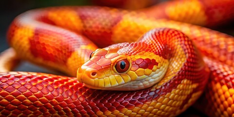 Fototapeta premium Vibrant red and yellow snake , serpent, reptile, scales, colorful, wildlife, exotic, slither, patterned, venomous, red