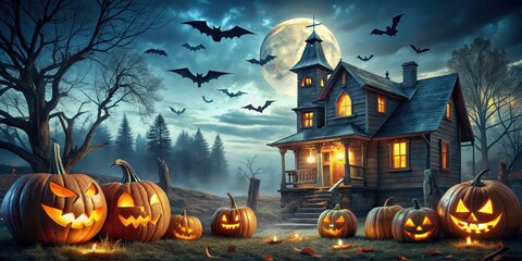 Fototapeta premium Spooky Halloween background featuring jack-o-lanterns, bats, and haunted house, Halloween, holiday, event