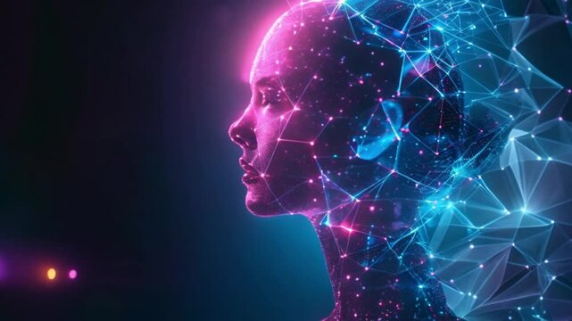 background with digital connections forming the woman's face in the footage