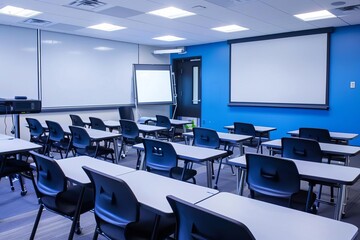 College seminar, digital solutions, modern classroom backdrop