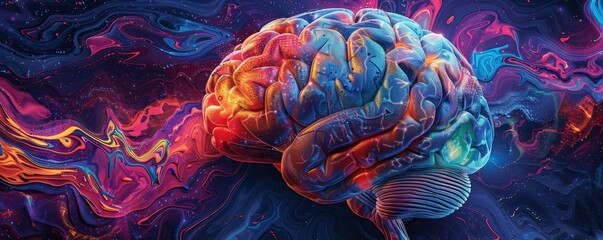 Colorful abstract illustration of a human brain with swirling vibrant patterns, depicting the complexity and creativity of the mind.
