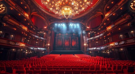 An elegant theater interior with ornate architecture, red velvet seats filled to the brim for an intricate play performance.