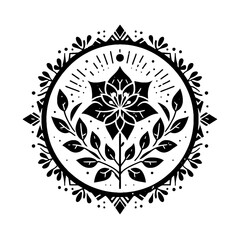 Bougainvillea flower in decorative emblem ornament, Victorian, art deco, art nouveau, boho, bohemian,  folk, flourish