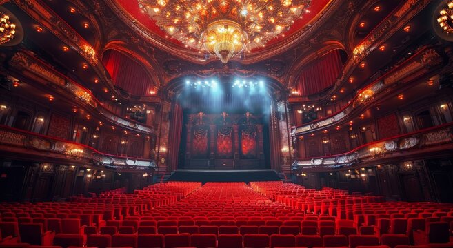 An elegant theater interior with ornate architecture, red velvet seats filled to the brim for an intricate play performance.