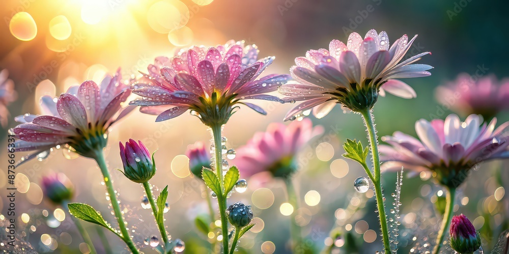 Poster Flowers adorned with dew drops in the soft morning light, creating a magical and naturally beautiful scene , flowers