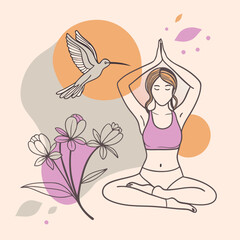 Mujer haciendo yoga con un colibri volando vector illustration