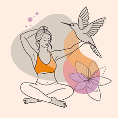 Mujer haciendo yoga con un colibri volando vector illustration