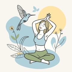 Mujer haciendo yoga con un colibri volando vector illustration
