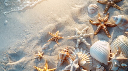 many shells and starfish on white sand with beautiful ocean background