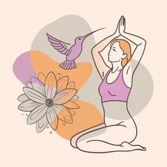 Mujer haciendo yoga con un colibri volando vector illustration