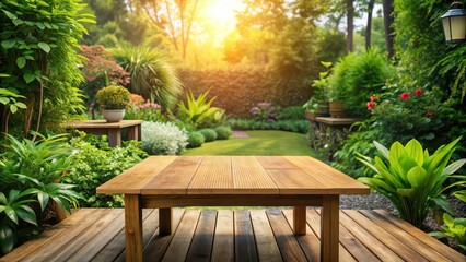 Obraz premium Wooden table surrounded by lush greenery in a peaceful garden setting, outdoor, furniture, relaxation, nature, plants, wooden