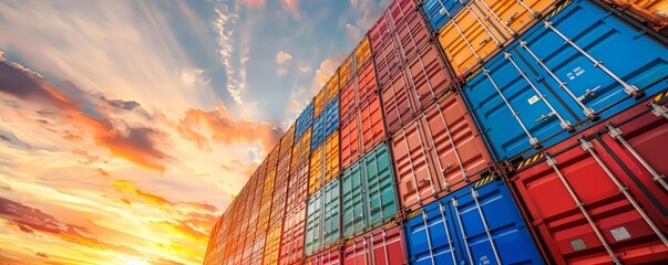 Colorful stacked shipping containers against a vibrant sunset sky, highlighting the global logistics and freight industry.