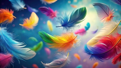 Close-up of colorful feathers floating gracefully in the air, feathers, flying, colorful, soft, lightweight, delicate, airy