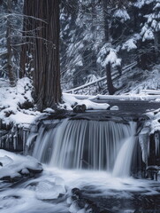 beautiful waterfall with big tree, Snap by slow speed shutter, snow season